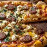 Scharfe Pizza mit Wurst, Feta und Honig First Image First Image